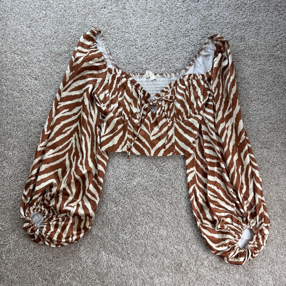 Kiss The Sky Blouse Womens Small Brown Animal Print Balloon Sleeve Crop Top